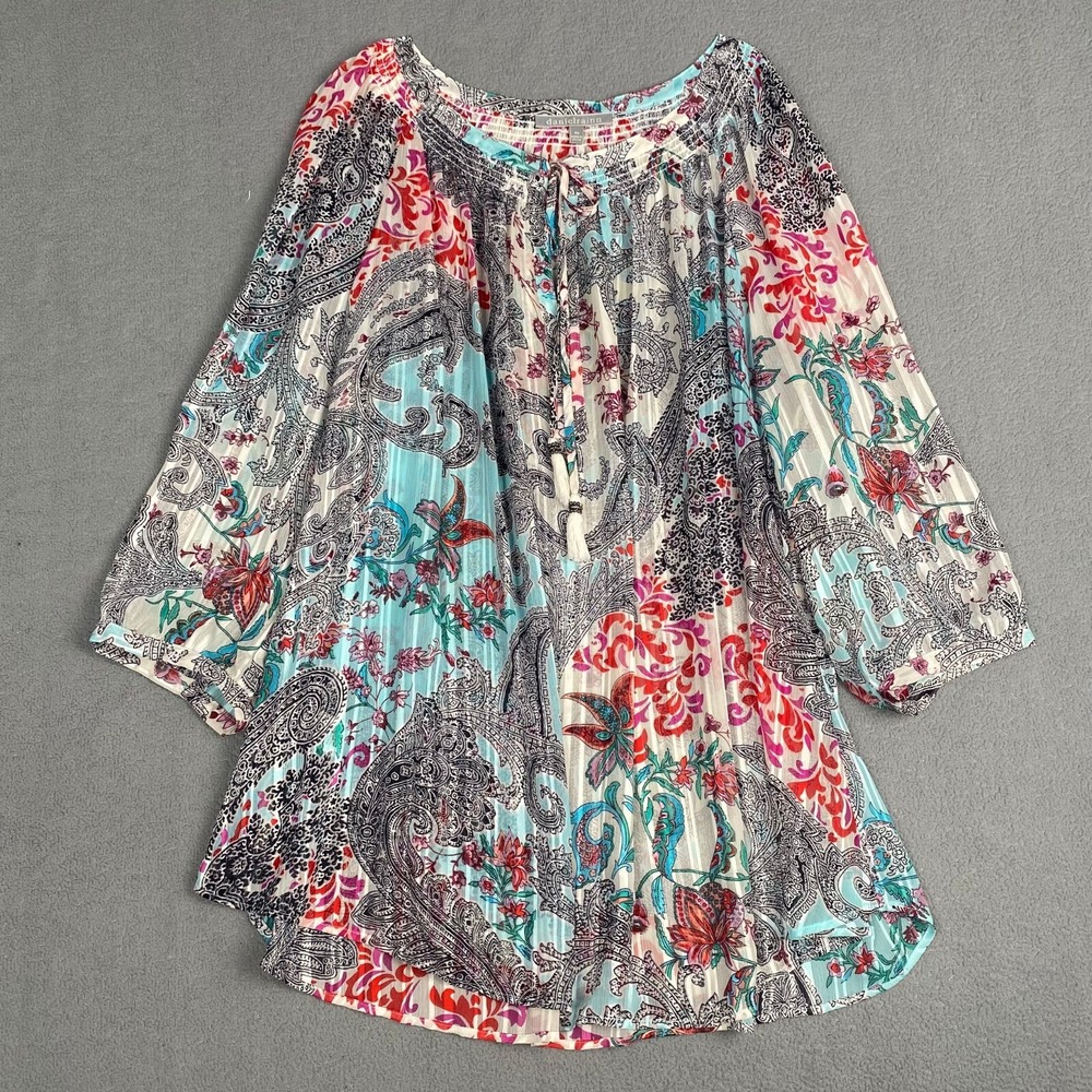 Daniel Rainn Women's size 2x Multicolor peasant style sheer blouse 3/4 Sleeve‎